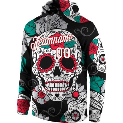 Custom Name Number 3D Skull Hoodie Sports Pullover Sweatshirt - Stitched Black White Red Fashion Personalized Stitched Black