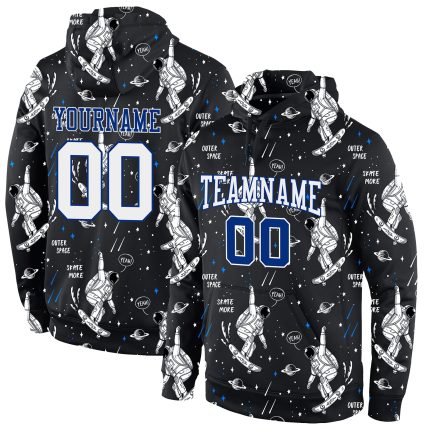 Custom Astronaut Sports Hoodie with 3D Pattern, Personalized Name & Number, Stitched Black White-Royal Sweatshirt Personalized