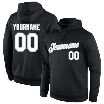 Custom Name Number Sports Hoodie Sweatshirt Black White Silver Pullover - Personalized Team Apparel Personalized Stitched