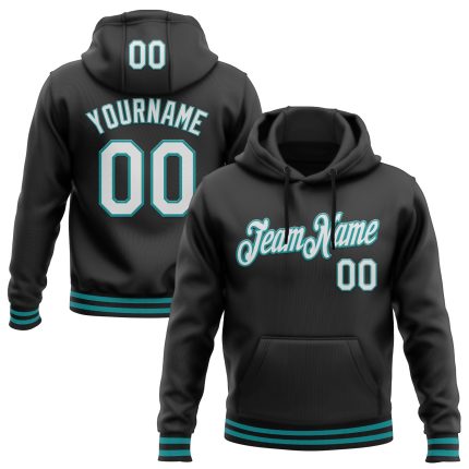 Personalized Black White Teal Sports Pullover Hoodie Sweatshirt Personalized Stitched Black White-Teal Sports Pullover Sweatshirt