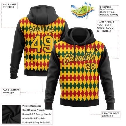 Custom Name Number Personalized Black Yellow 3D Pattern Sports Hoodie for Black History Month Pullover Sweatshirt Personalized