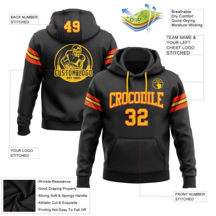 Custom Personalized Football Hoodie Sweatshirt with Stitched Name and Number - Black Yellow Orange Team Pullover Personalized