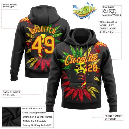 Black History Month 3D Pattern Pullover Hoodie - Personalized Stitched Sweatshirt in Black Yellow Red Personalized Stitched