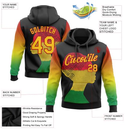 Custom Black History Month Hoodie - Personalized Stitched 3D Pattern Sweatshirt with Team Name & Number - Black, Yellow, Red Design