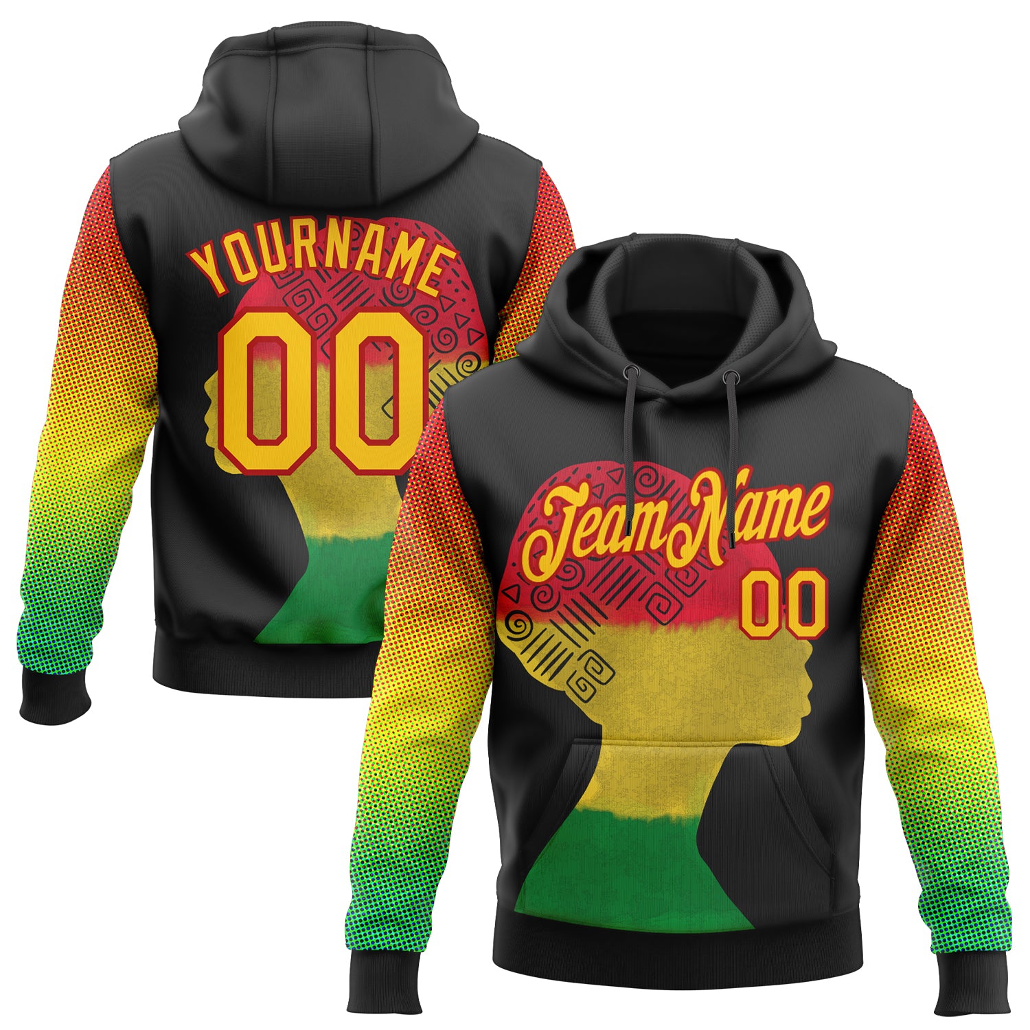 Custom Black History Month Hoodie - Personalized Stitched 3D Pattern Sweatshirt with Team Name & Number - Black, Yellow, Red Design