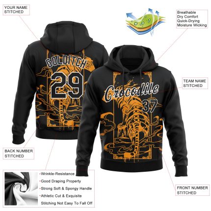 Customizable 3D Pattern Tiger Hoodie with Cloud Design - Personalized Black Yellow-White Sports Pullover Sweatshirt with Team Name & Number