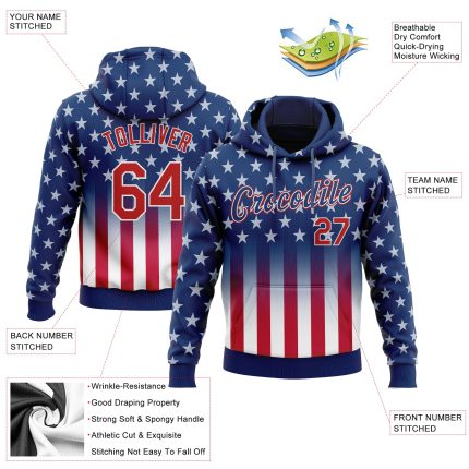 Custom 3D American Flag Pullover Hoodie Personalized with Name & Number - Blue Red-White Sports Sweatshirt Personalized Stitched