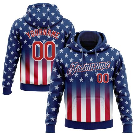Custom 3D American Flag Pullover Hoodie Personalized with Name & Number - Blue Red-White Sports Sweatshirt Personalized Stitched