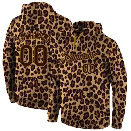 Custom Leopard Sports Hoodie with Personalized Name & Number, 3D Pattern Pullover in Brown & Old Gold Personalized Stitched