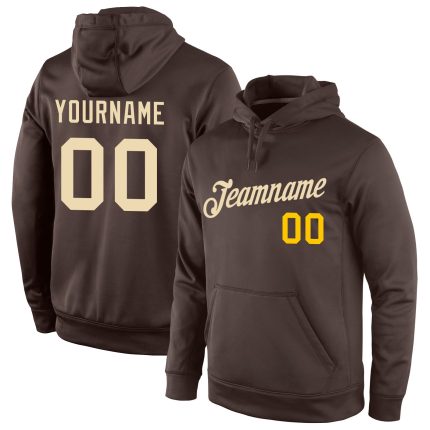 Custom Stitched Sports Hoodie with Name & Number - Brown Cream-Gold Pullover Sweatshirt Personalized Stitched Brown Cream-Gold
