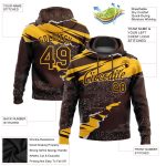 Custom Name and Number Sports Hoodie for Team - Personalized Brown Gold 3D Pattern Design Torn Paper Style Pullover Sweatshirt