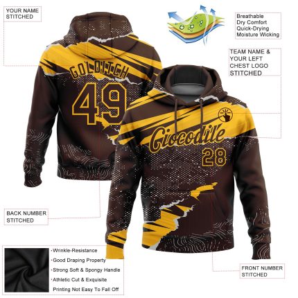 Custom Name and Number Sports Hoodie for Team - Personalized Brown Gold 3D Pattern Design Torn Paper Style Pullover Sweatshirt