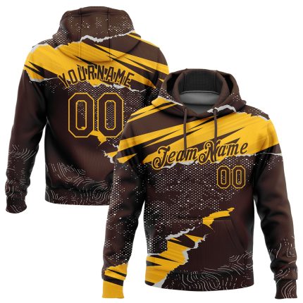 Custom Name and Number Sports Hoodie for Team - Personalized Brown Gold 3D Pattern Design Torn Paper Style Pullover Sweatshirt