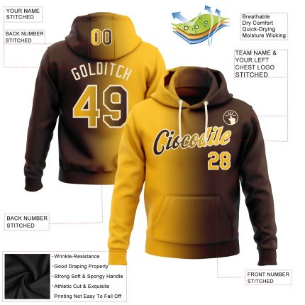 Custom Name and Number Personalized Sports Hoodie Stitched Brown Gold-Cream Gradient Fashion Pullover Sweatshirt Personalized