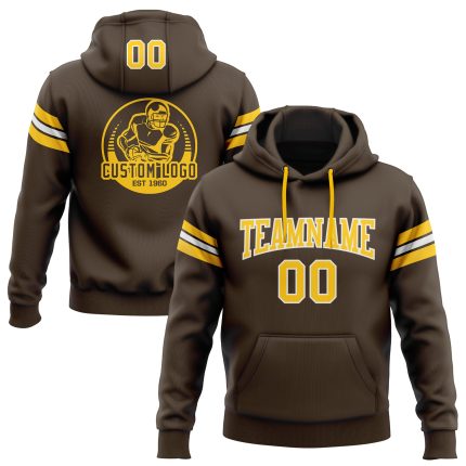 Custom Football Hoodie with Name & Number - Stitched Brown Gold-White Pullover Sweatshirt Personalized Stitched Brown Gold-White