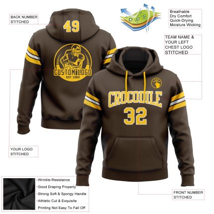 Custom Football Hoodie with Name & Number - Stitched Brown Gold-White Pullover Sweatshirt Personalized Stitched Brown Gold-White