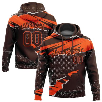Custom Name and Number Sports Hoodie - Personalized 3D Pattern Design Pullover Sweatshirt in Brown and Orange Torn Paper Style