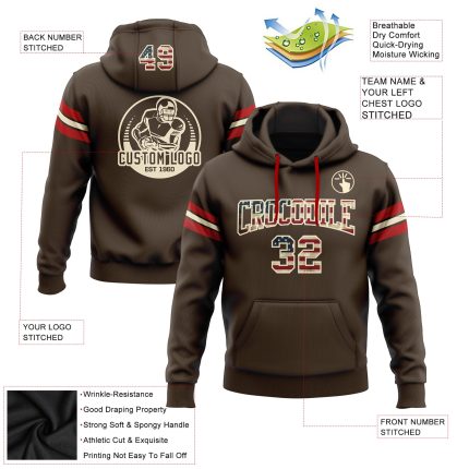 Custom Name Number Vintage USA Flag Football Hoodie Stitched Pullover Sweatshirt Brown Cream-Red Team Apparel Personalized