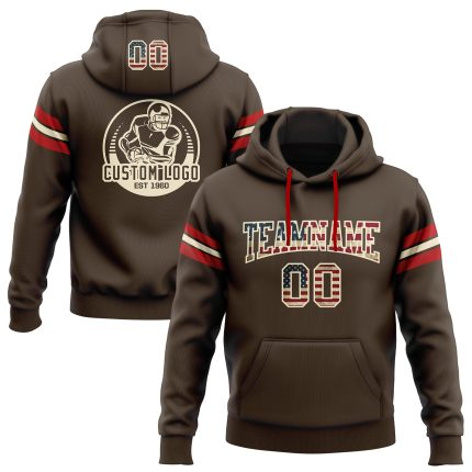Custom Name Number Vintage USA Flag Football Hoodie Stitched Pullover Sweatshirt Brown Cream-Red Team Apparel Personalized
