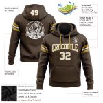 Custom Name Number Football Hoodie Sweatshirt in Stitched Brown White and Old Gold for Team Support Personalized Stitched