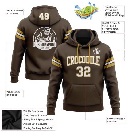 Custom Name Number Football Hoodie Sweatshirt in Stitched Brown White and Old Gold for Team Support Personalized Stitched