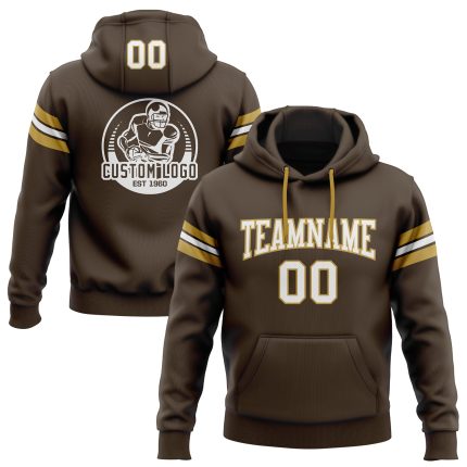 Custom Name Number Football Hoodie Sweatshirt in Stitched Brown White and Old Gold for Team Support Personalized Stitched