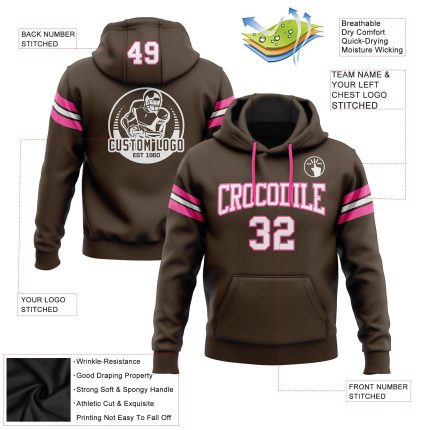 Custom Name & Number Football Hoodie - Personalized Brown/Pink Pullover Sweatshirt for Team Fans Personalized Stitched Brown