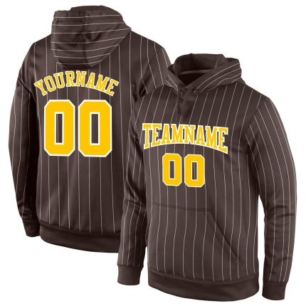 Custom Name Number Sports Hoodie - Personalized Brown White Pinstripe Gold-White Pullover Sweatshirt Personalized Stitched