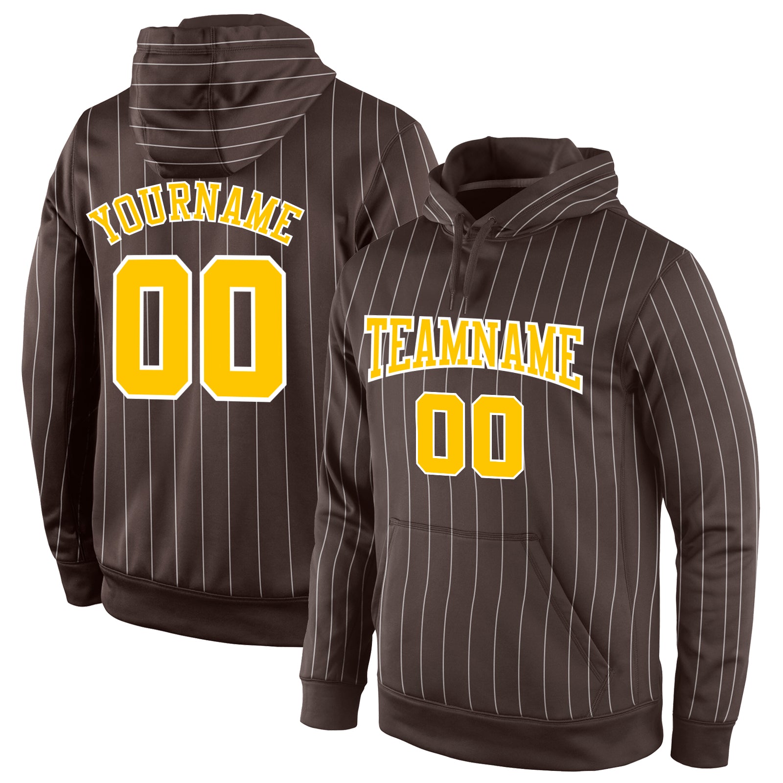 Custom Name Number Sports Hoodie - Personalized Brown White Pinstripe Gold-White Pullover Sweatshirt Personalized Stitched