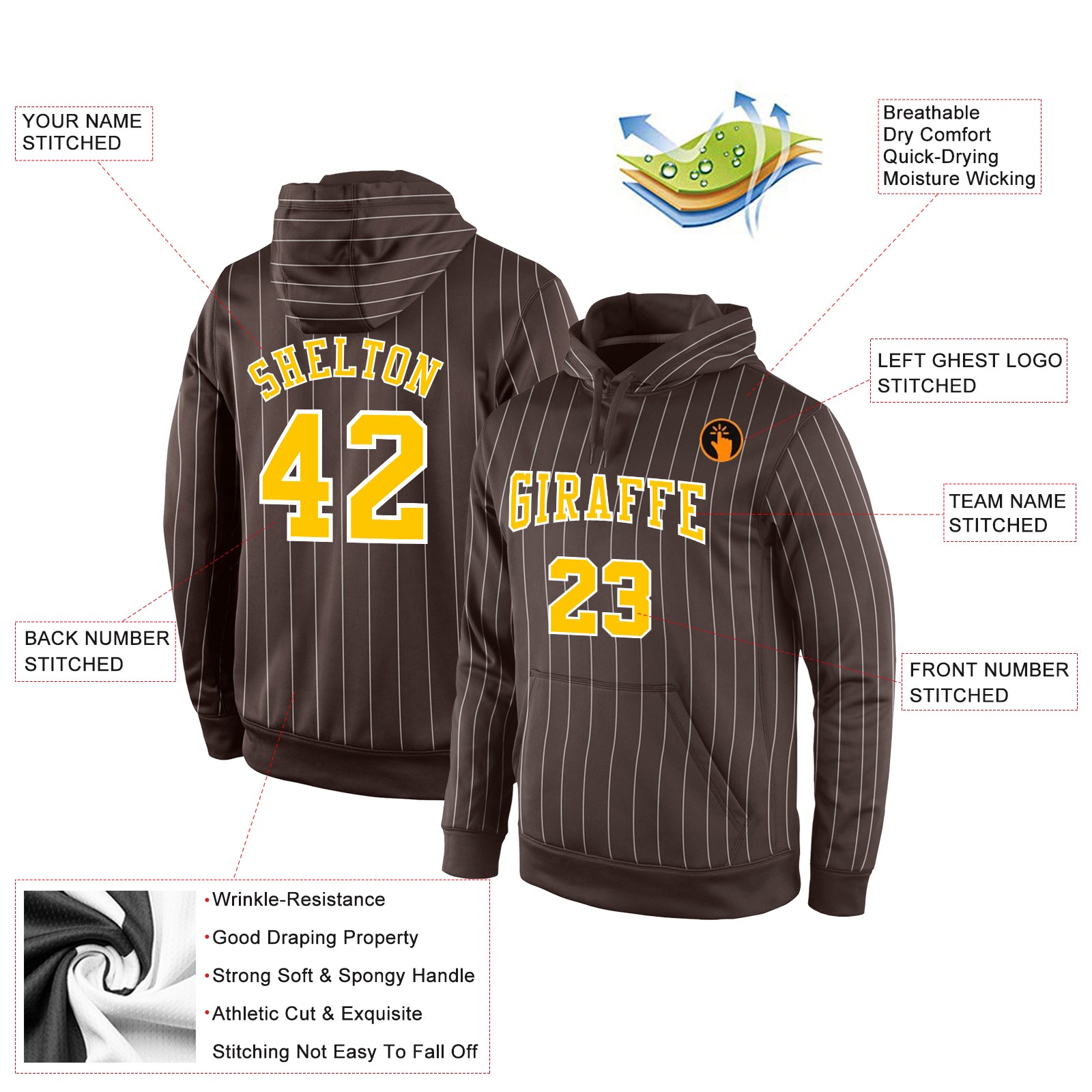 Personalized Stitched Brown White Pinstripe Gold-White Sports Pullover Sweatshirt Hoodie Team Custom Name and Number Custom Name Number Sports Hoodie - Personalized Brown White Pinstripe Gold-White Pullover Sweatshirt Personalized Stitched - Image 2
