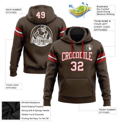 Customizable Brown Red White Football Hoodie with Stitched Name and Number - Personalized Pullover Sweatshirt Personalized