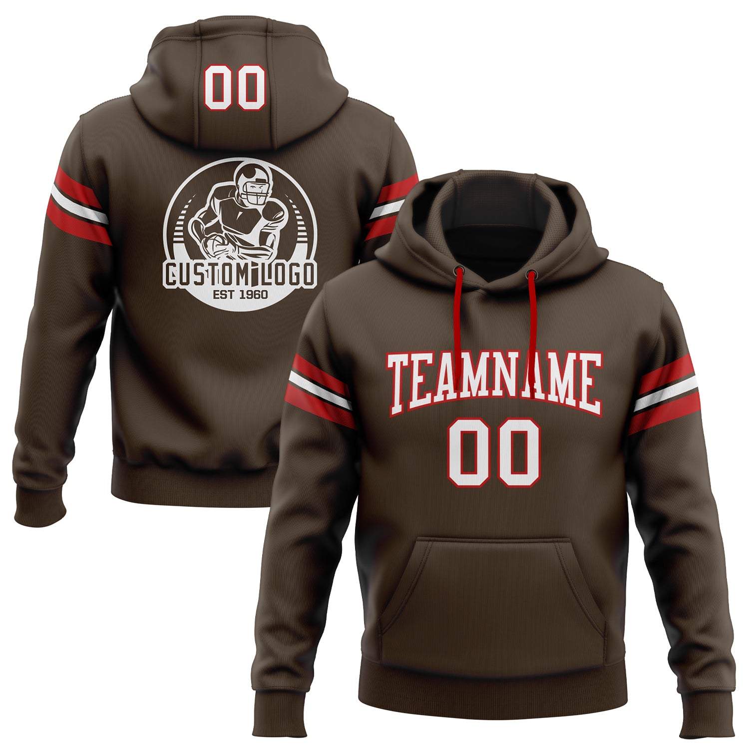 Customizable Brown Red White Football Hoodie with Stitched Name and Number - Personalized Pullover Sweatshirt Personalized