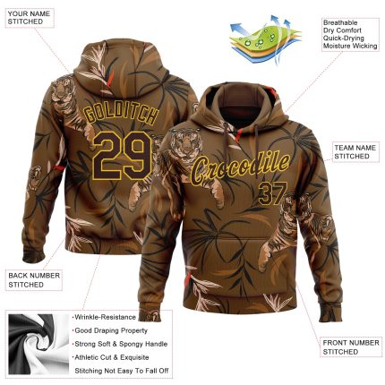 Custom 3D Pattern Tiger and Plants Sports Hoodie with Personalized Name & Number - Brown Yellow Pullover Sweatshirt Personalized