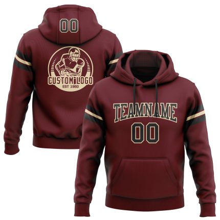Custom Name Number Hoodie Sweatshirt, Burgundy Black Cream Stitched Football Pullover - Personalized Team Gear Personalized
