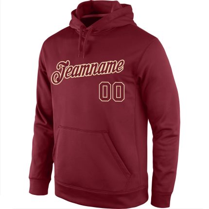 Custom Name and Number Sports Hoodie Sweatshirt for Teams - Personalized Burgundy and Cream Stitched Pullover Personalized