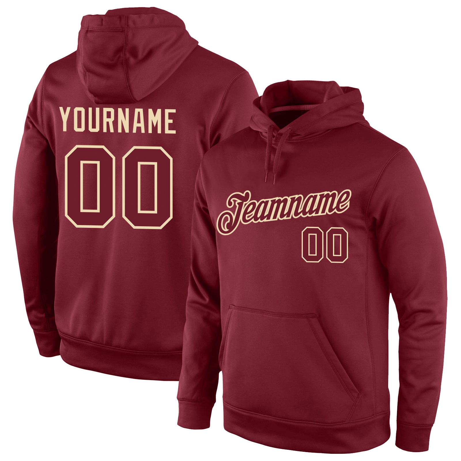 Custom Name and Number Sports Hoodie Sweatshirt for Teams - Personalized Burgundy and Cream Stitched Pullover Personalized