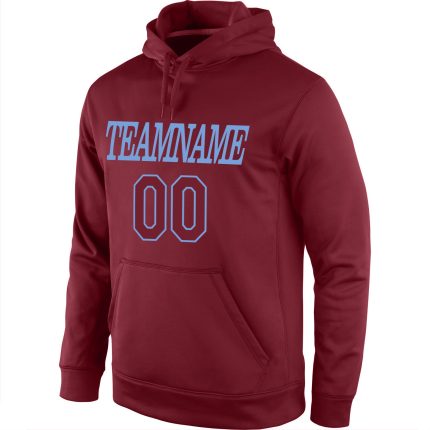 Custom Name and Number Sports Hoodie Sweatshirt - Personalized Stitched Burgundy and Light Blue Pullover Personalized Stitched