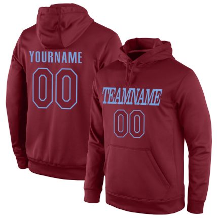 Custom Name and Number Sports Hoodie Sweatshirt - Personalized Stitched Burgundy and Light Blue Pullover Personalized Stitched