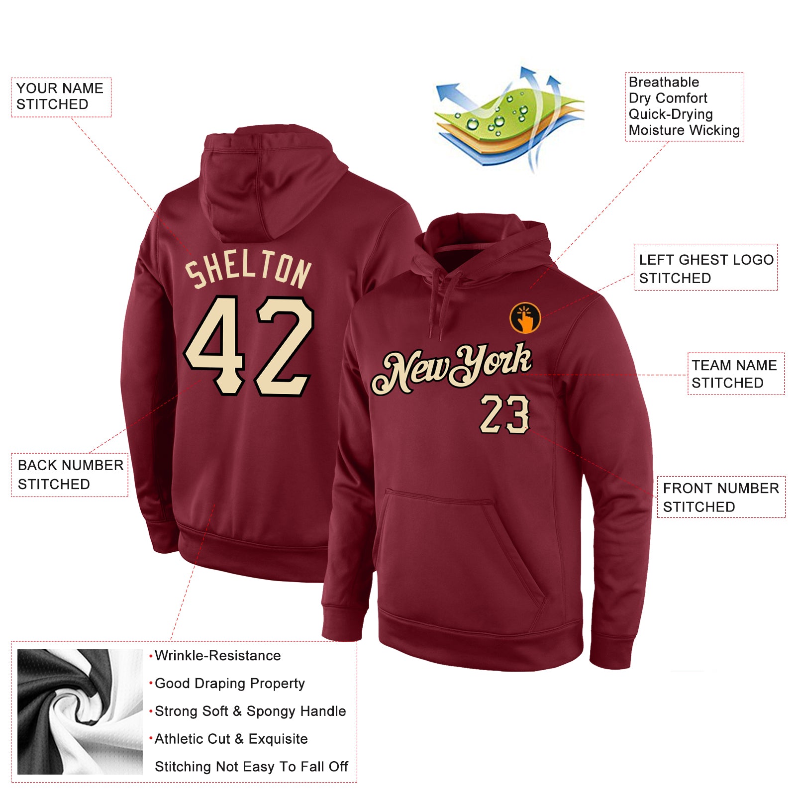 Personalized Stitched Burgundy Cream-Black Sports Pullover Sweatshirt Hoodie Team Custom Name and Number Custom Team Hoodie - Personalized Burgundy Cream-Black Pullover Sweatshirt with Name and Number Personalized Stitched Burgundy - Image 4