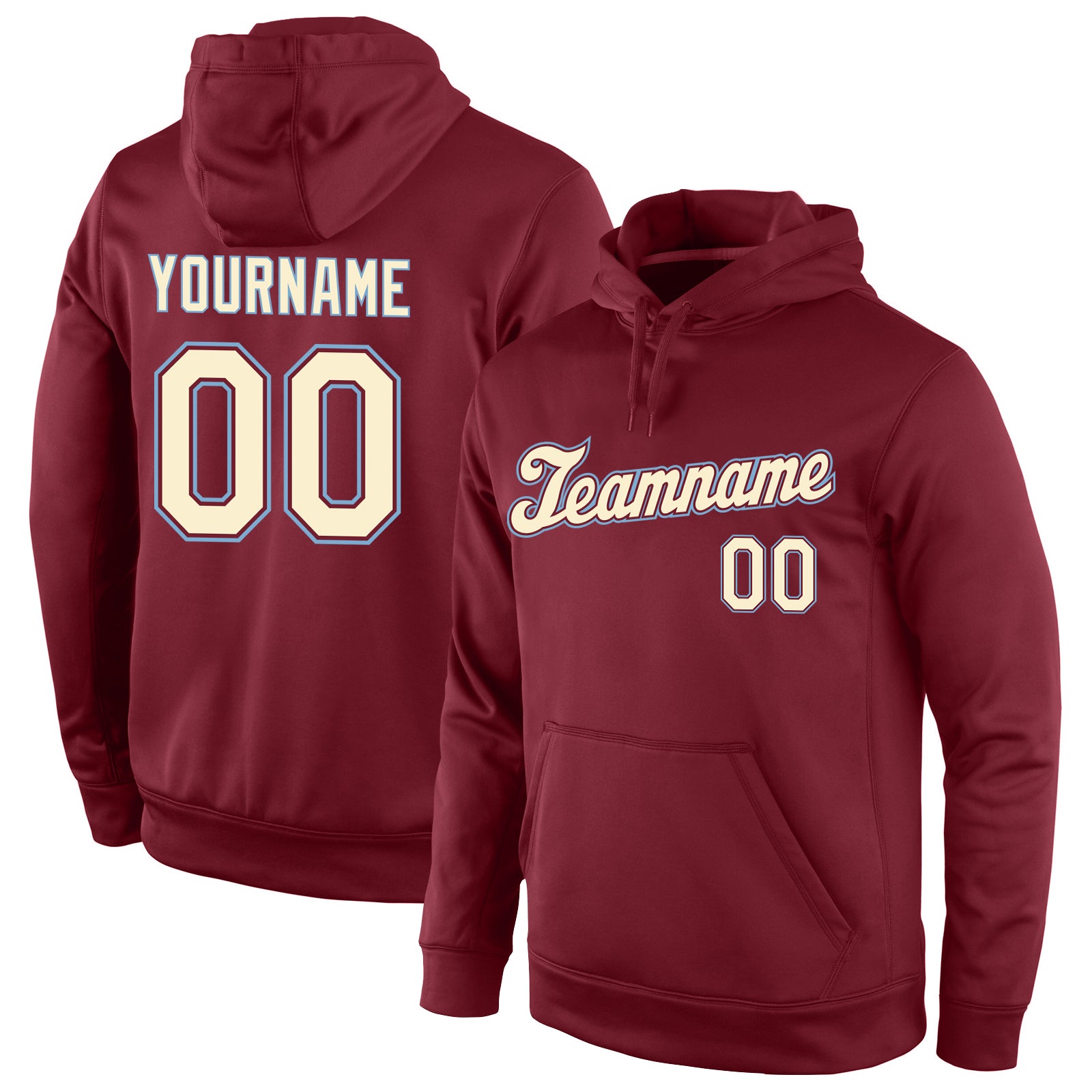 Custom Name Number Pullover Hoodie Sports Sweatshirt - Personalized Stitched Burgundy Cream Light Blue Personalized Stitched