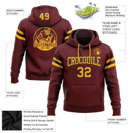 Custom Burgundy Gold Black Football Hoodie with Personalized Name & Number - Stitched Pullover Sweatshirt Personalized Stitched