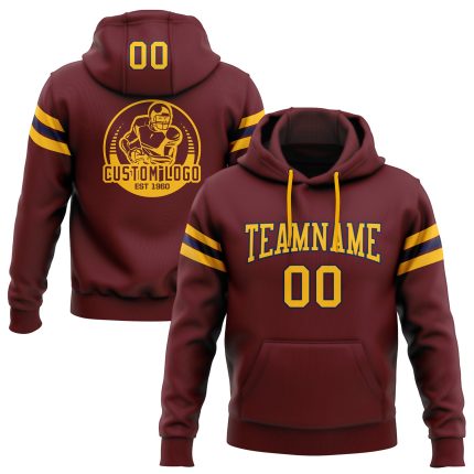 Custom Team Hoodie with Stitched Name & Number, Burgundy Gold-Navy Football Pullover Sweatshirt Personalized Stitched Burgundy