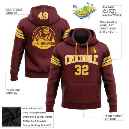 Custom Burgundy Gold White Football Hoodie with Personalized Name and Number - Stitched Sweatshirt Pullover Personalized