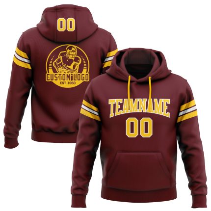 Custom Burgundy Gold White Football Hoodie with Personalized Name and Number - Stitched Sweatshirt Pullover Personalized
