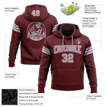 Custom Football Hoodie with Personalized Name & Number - Burgundy Gray White Stitched Pullover Sweatshirt Personalized Stitched