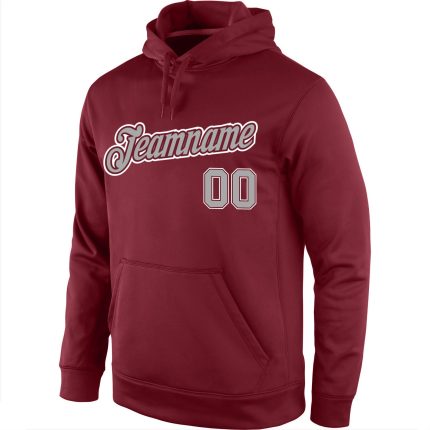 Custom Sports Hoodie with Personalized Name & Number in Burgundy Gray-White Stitched Pullover Sweatshirt Personalized Stitched