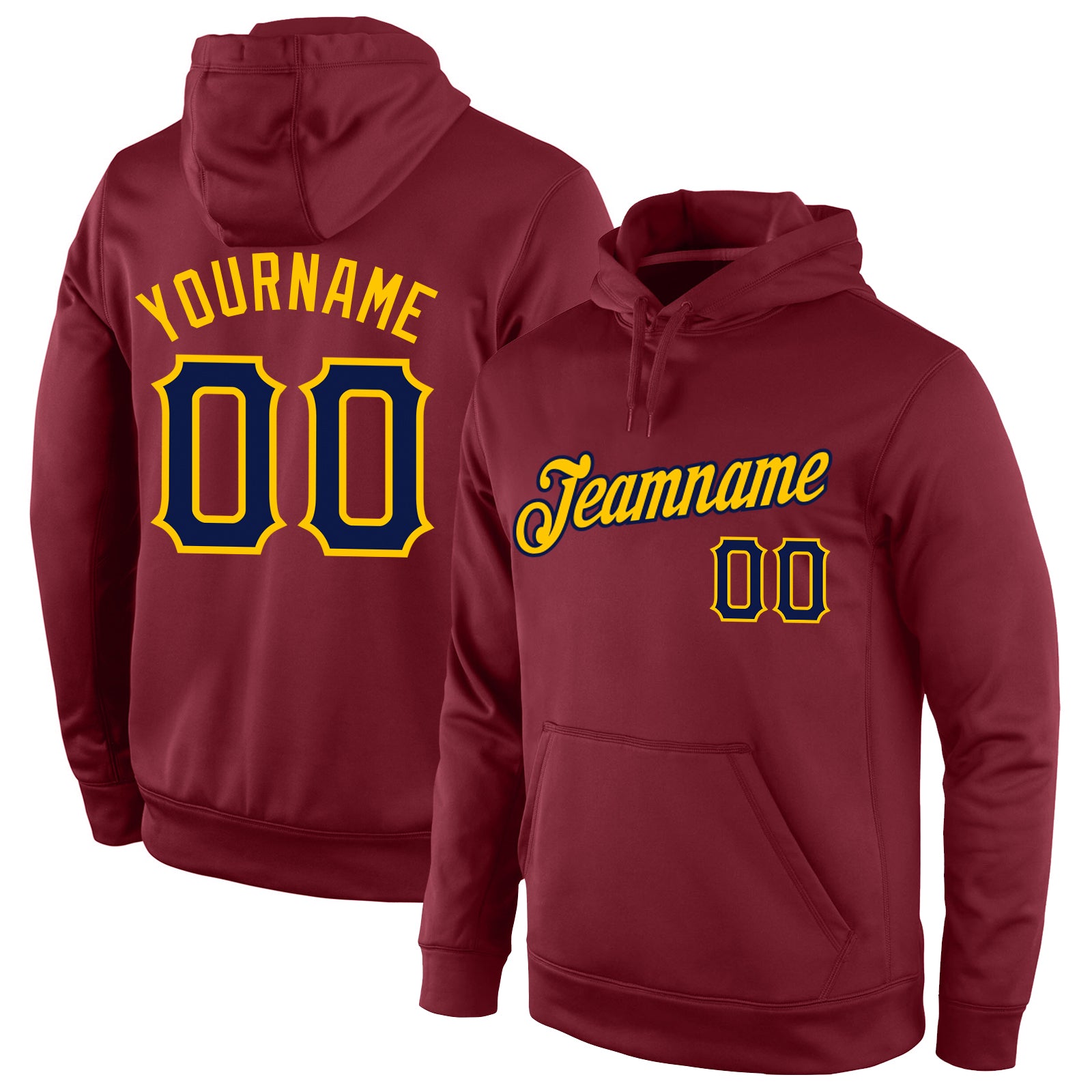 Custom Name Number Sports Hoodie Sweatshirt - Personalized Burgundy Navy Gold Pullover for Team Personalized Stitched Burgundy