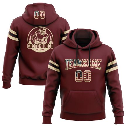 Custom Name Number Football Hoodie Burgundy Vintage USA Flag Pullover Sweatshirt Personalized Stitched Burgundy Vintage USA