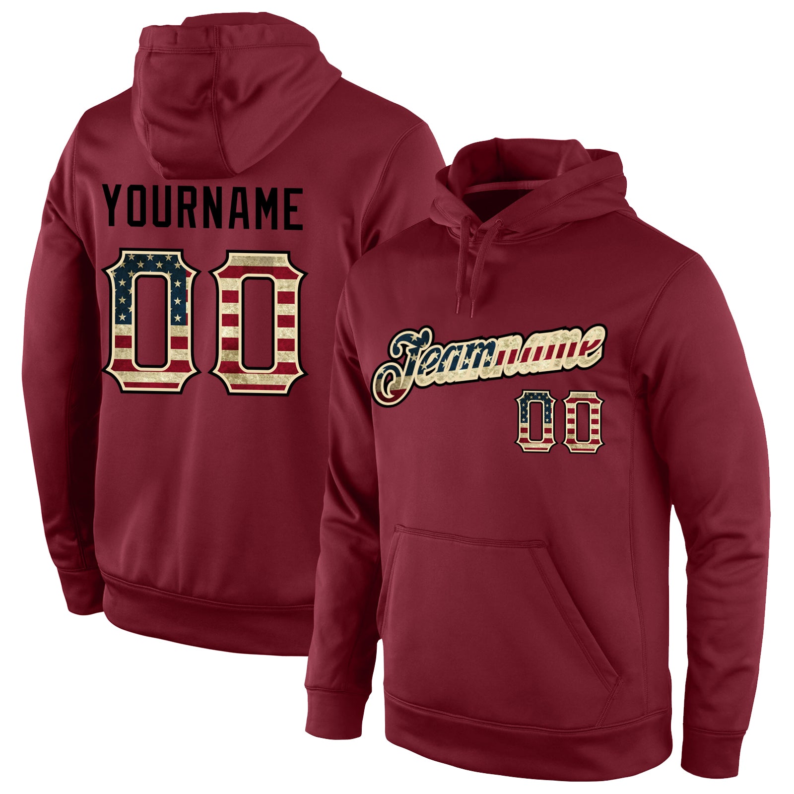 Custom Name Number Burgundy Vintage USA Flag Sports Hoodie Pullover Sweatshirt Personalized Stitched Burgundy Vintage USA