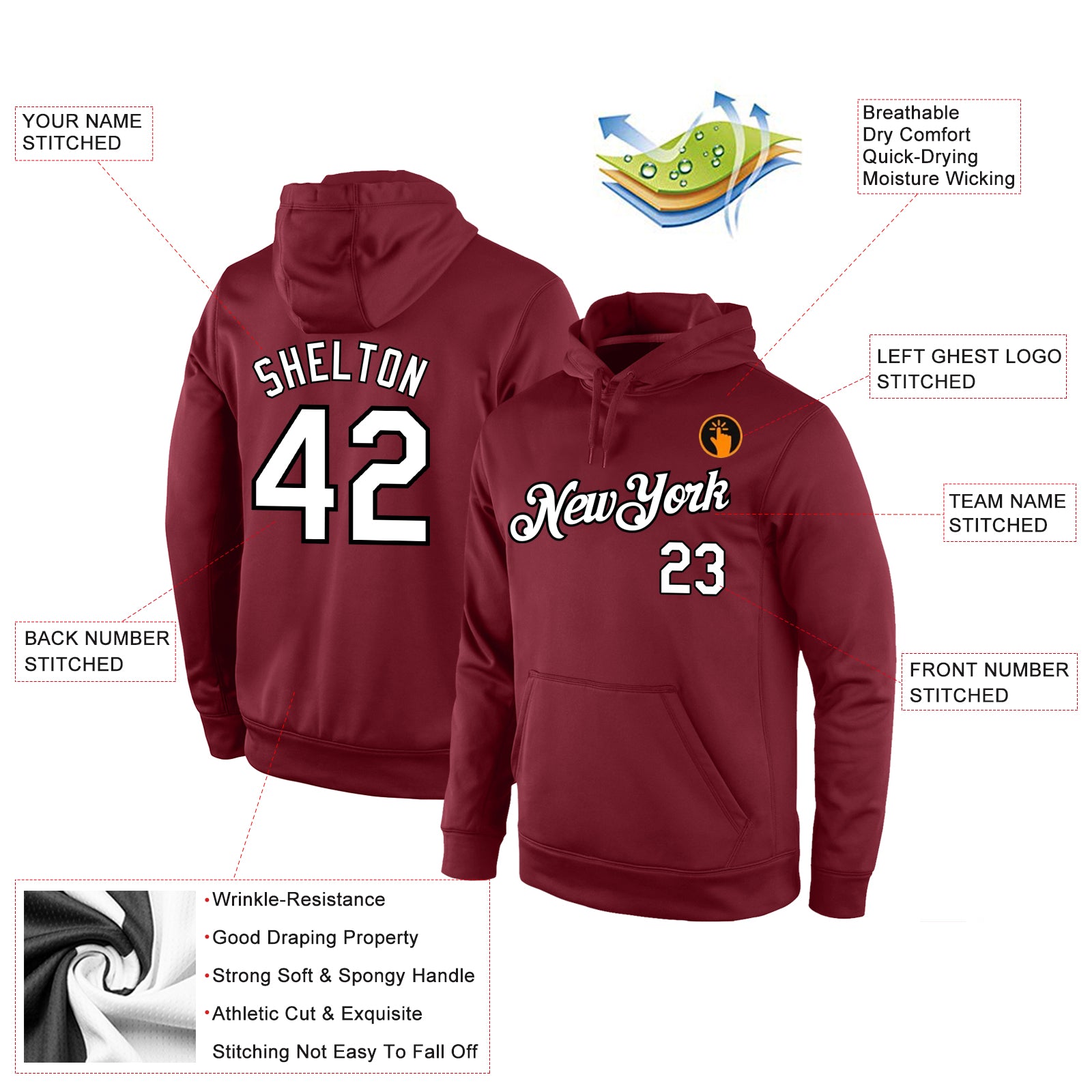 Personalized Stitched Burgundy White-Black Sports Pullover Sweatshirt Hoodie Team Custom Name and Number Custom Team Name Number Burgundy Black White Sports Hoodie Sweatshirt Pullover Personalized Stitched Burgundy White-Black - Image 4